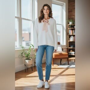 Saodimallsu White Knit Sweater with Front Bow Detail Bell Sleeves Women’s Small